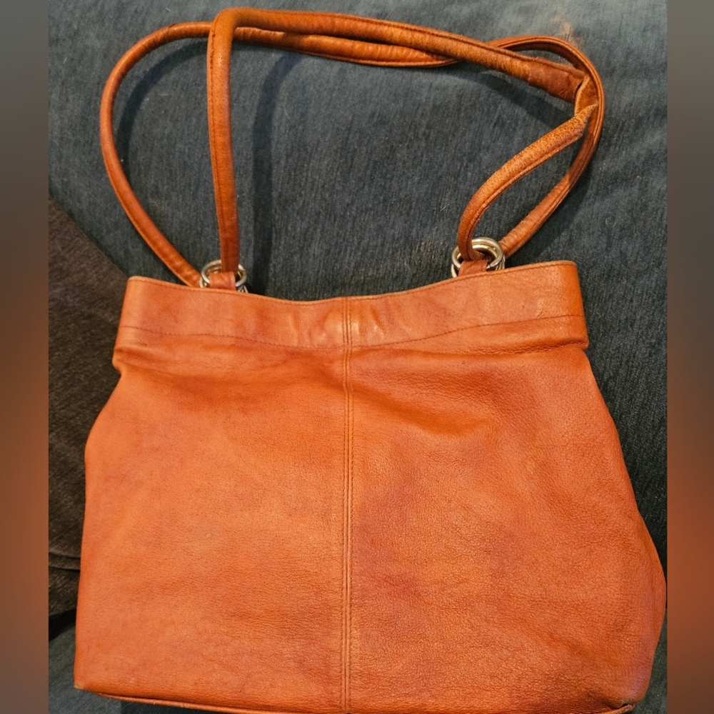 Vintage Saddle River Slouch Leather Tote Cognac Tan Rings